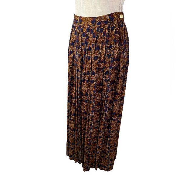 Skā& Company Navy & Gold Floral Vintage High Waist Pleated Midi Skirt - Picture 4 of 7
